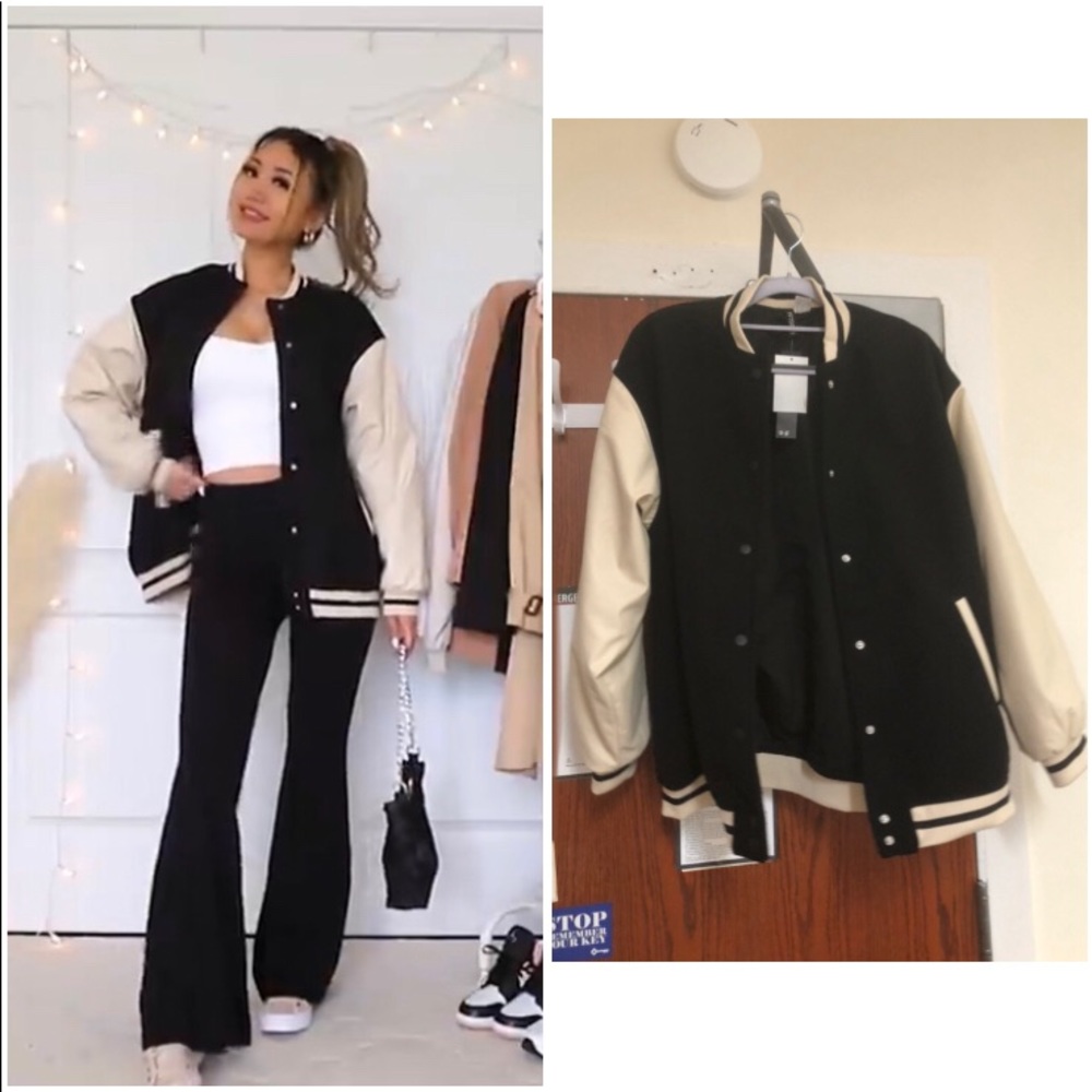 NWT Rare Blogger Favorite Vegan Leather Neutral Baseball Bomber Jacket